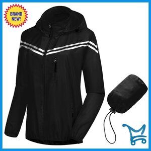 Packable Waterproof Running Rain Jacket Windbreaker Reflective Detachable Hood